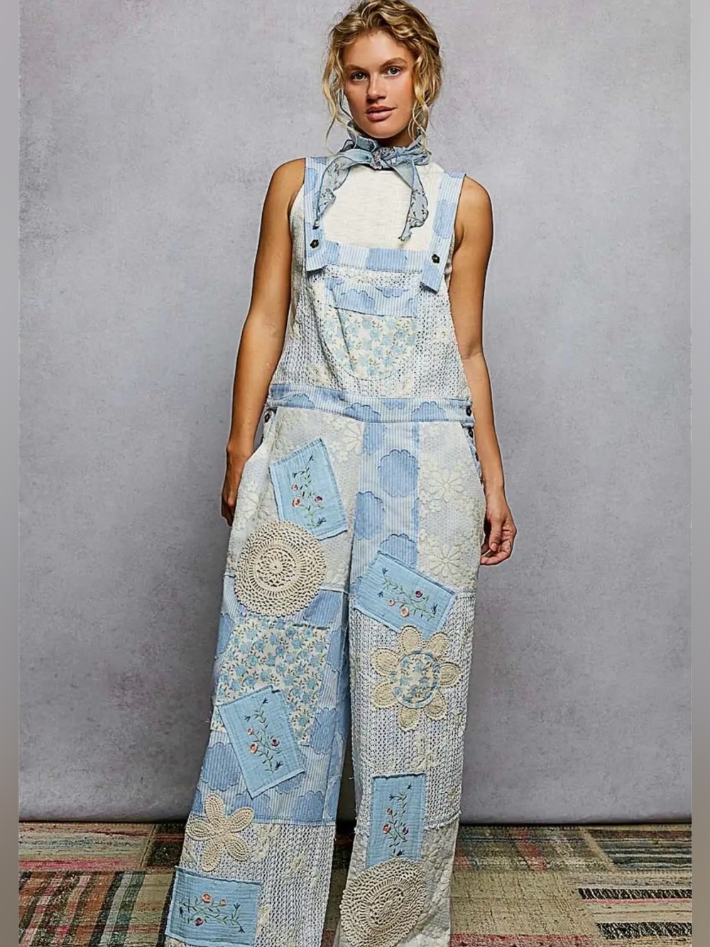 POL Light Blue Patchwork Wide-Leg Overalls with Crochet Details